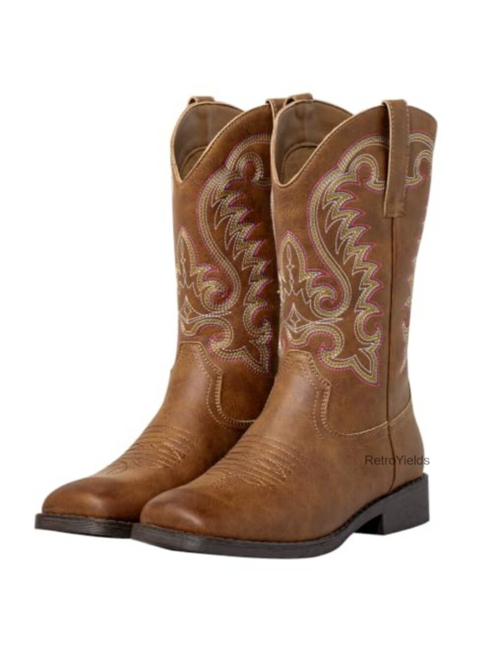 Western Square Toe Cowboy Boots Embroidery Mid-Calf Pull On